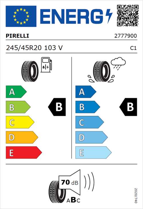 Tyre Label for Pirelli P Zero 245/45R20 103V
