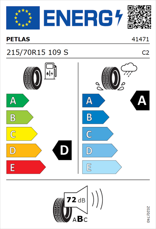 Tyre Label for Petlas Full Power PT825 215/70R15 109S