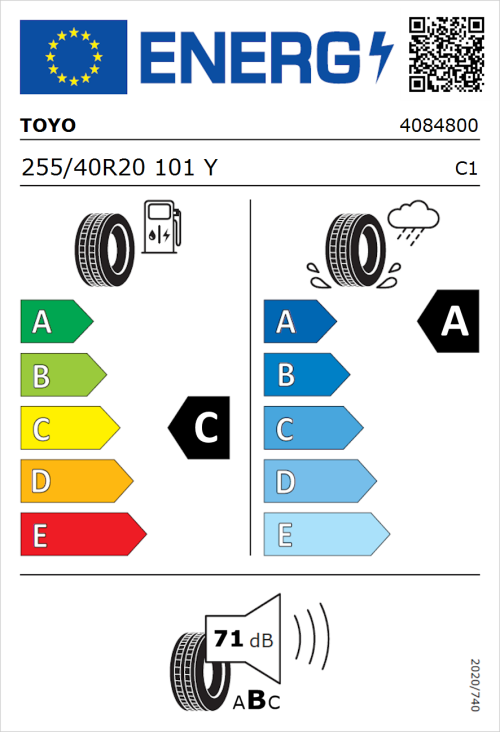 Tyre Label for Toyo Proxes Sport 2 255/40R20 101Y