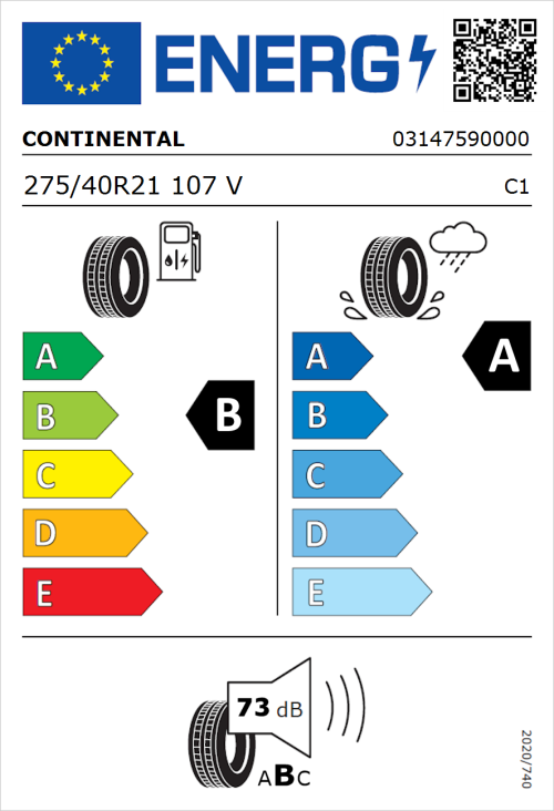 Tyre Label for Continental PremiumContact 6 275/40R21 107V