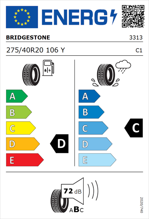 Tyre Label for Bridgestone Dueler H/P Sport 275/40R20 106Y