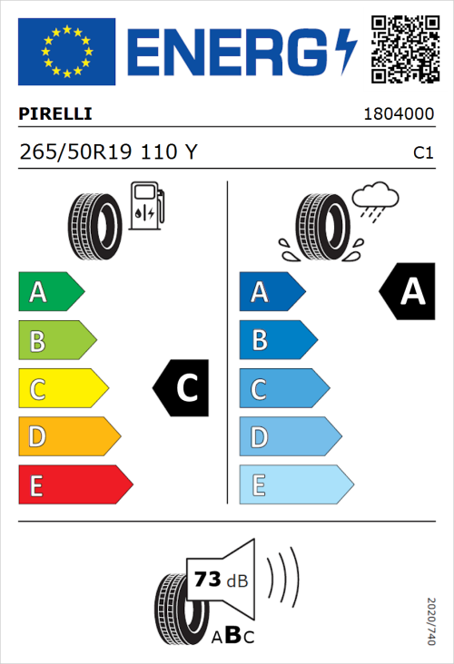 Tyre Label for Pirelli P Zero 265/50R19 110Y