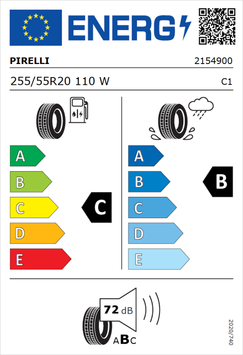Tyre Label for Pirelli Scorpion Verde All Season 255/55R20 110W