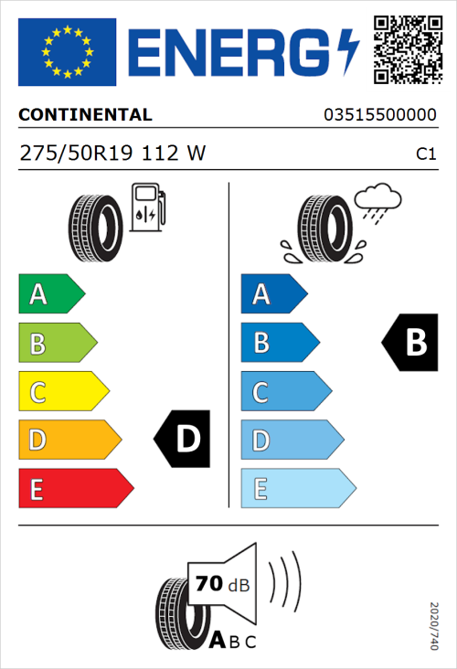 Tyre Label for Continental ContiPremiumContact 275/50R19 112W